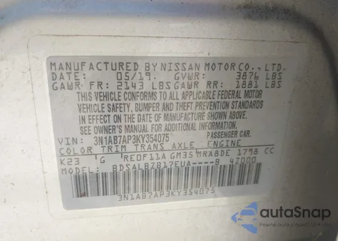 2019 Nissan Sentra S from USA, damaged, VIN 3N1AB7AP3KY354075